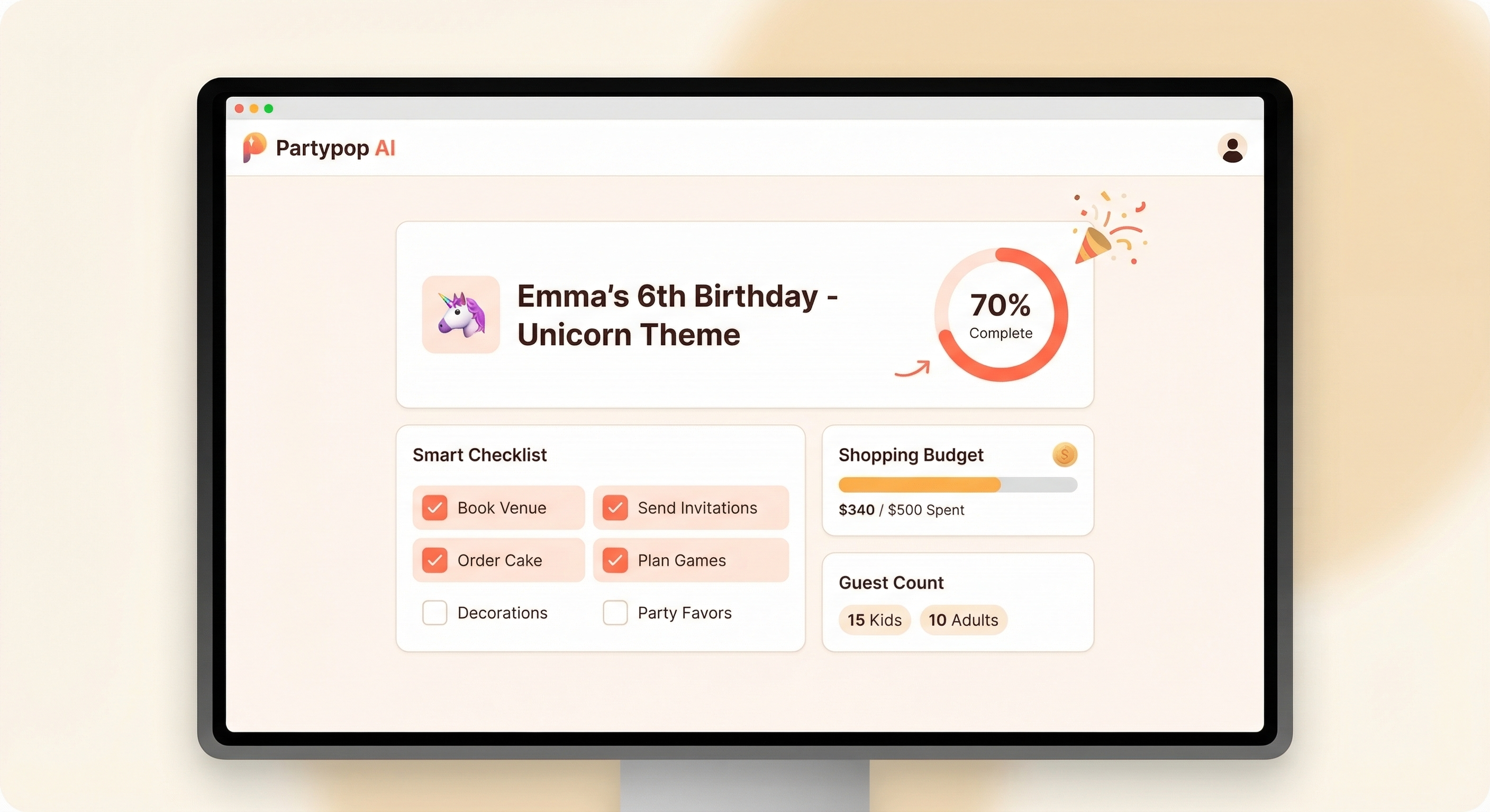 Partypop party plan dashboard
